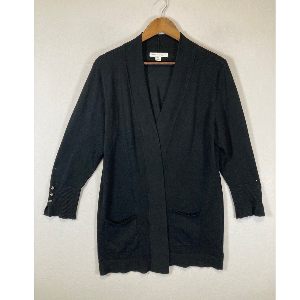 Classic 99 Jane Street Women PXL Black Shawl Collar Pearl Cuff Open Cardigan